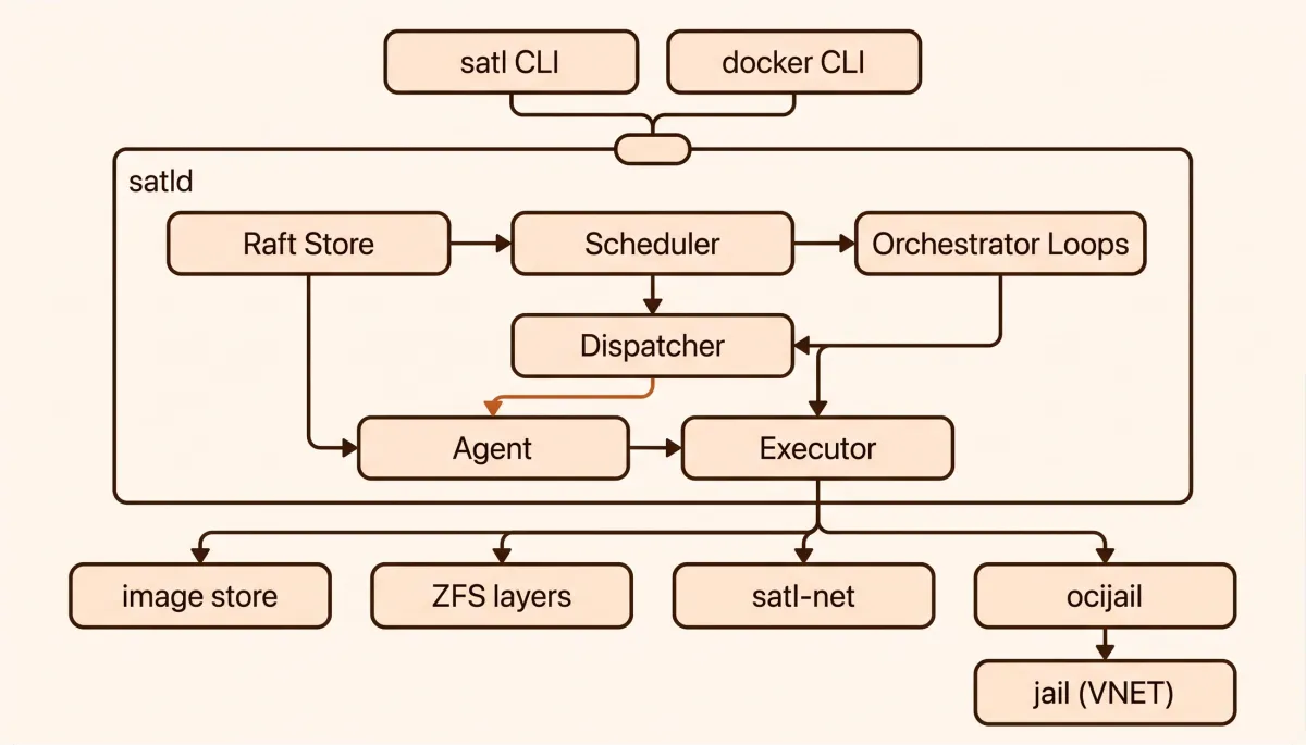 A single SatL node: the CLI and the docker CLI speak the Docker Engine API over a unix socket to satld, which holds the Raft store, the scheduler and the orchestration loops; the dispatcher hands assignments to the agent, whose executor drives the image store, ZFS layers, the network layer and ocijail to produce a VNET jail.