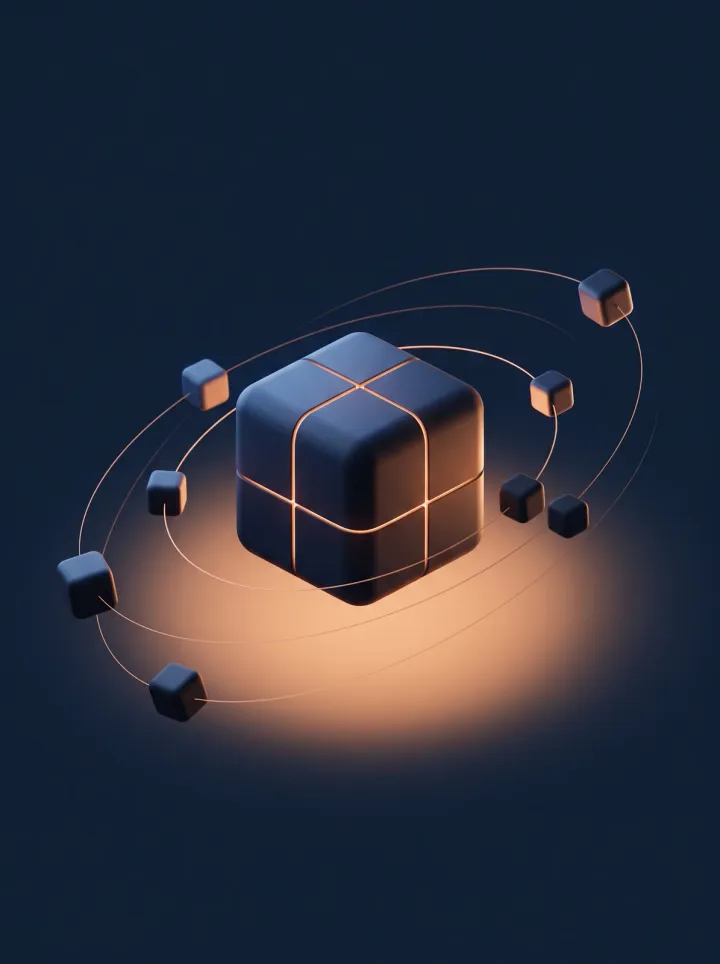 A soft three-dimensional render: a single glowing daemon core with orbiting container modules, rendered in pastel apricot light against deep navy.