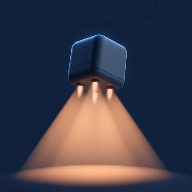 A soft three-dimensional render: a single container module descending toward a planet surface on a beam of pastel apricot light.