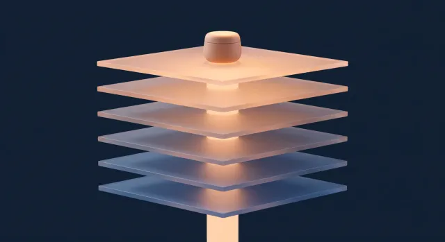 A soft three-dimensional render: layered translucent planes representing jails, ZFS datasets and pf rules stacked into a single glowing column, lit in pastel apricot.