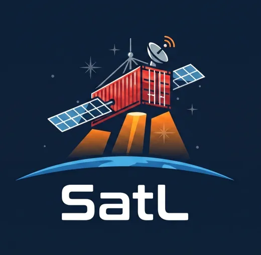 The SatL logo: a shipping container in orbit, with solar panels, a communications dish and three thruster plumes over the curve of a planet.